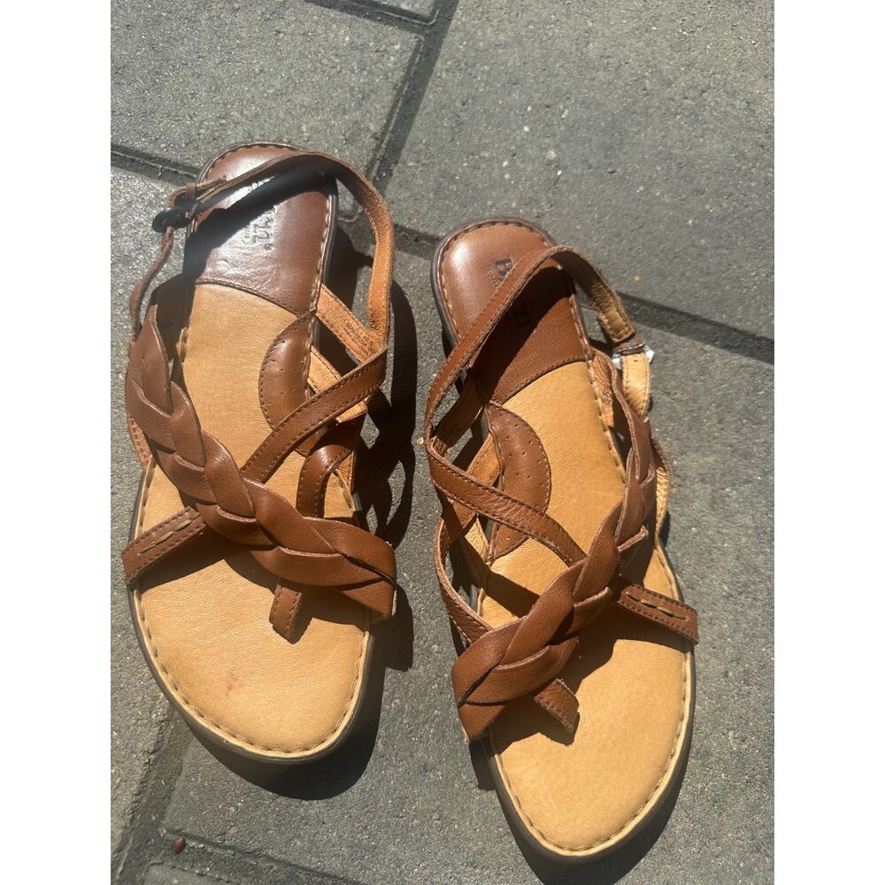 Born Brown Cognac Leather Braided Strappy Comfort Sandals Women’s Size 9
